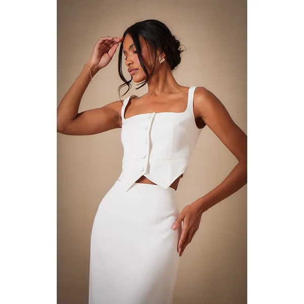 Premium White Woven Square Neck Cropped Vest