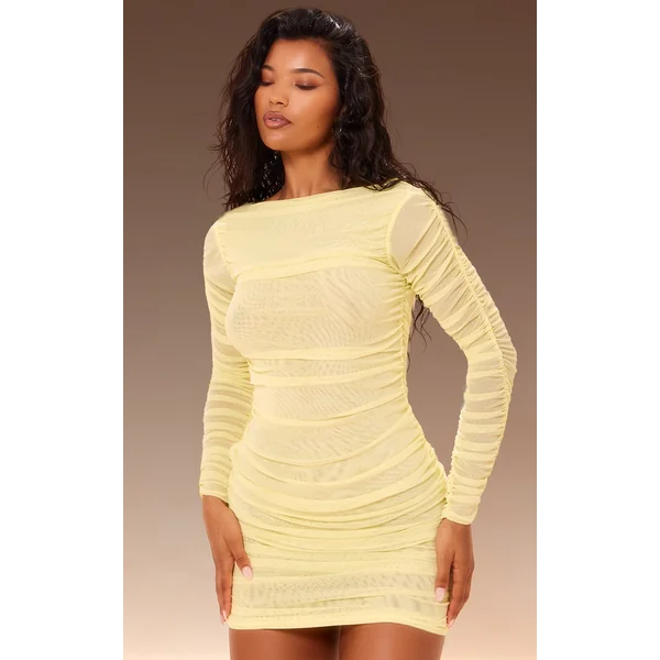 Premium Yellow Double Layer Mesh Ruched Long Sleeve Bodycon Dress