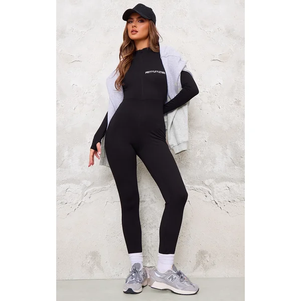 PRETTYLITTETHING Black Embroidered Zip Front Catsuit
