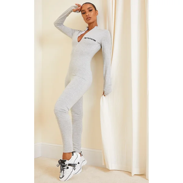 PRETTYLITTETHING Grey Marl Embroidered Zip Front Catsuit