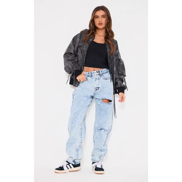 PRETTYLITTLETHING Acid Blue Wash Open Knee Boyfriend Jeans