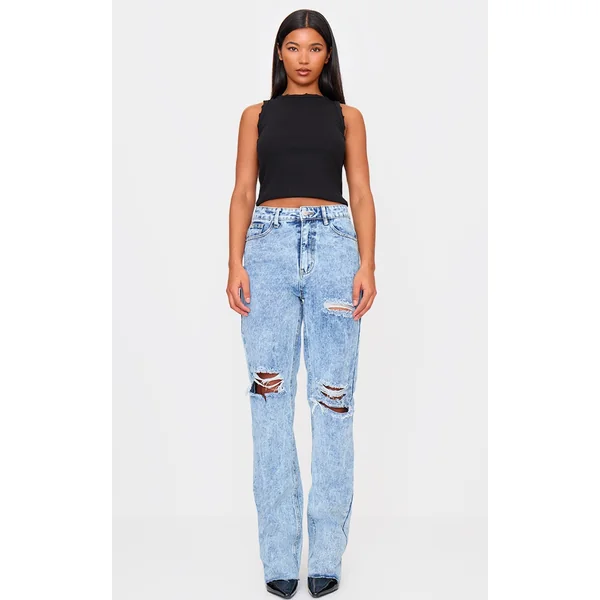 PRETTYLITTLETHING Acid Wash Ripped Long Leg Straight Jeans