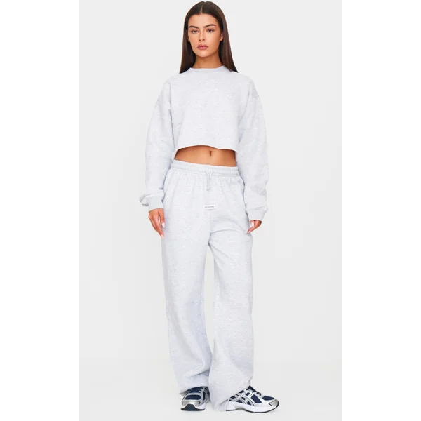 PRETTYLITTLETHING Ash Grey Badge Detail Mid Rise Wide Leg Sweatpants