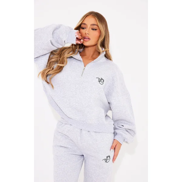 PRETTYLITTLETHING Ash Grey Logo Embroidered Half Zip Sweatshirt