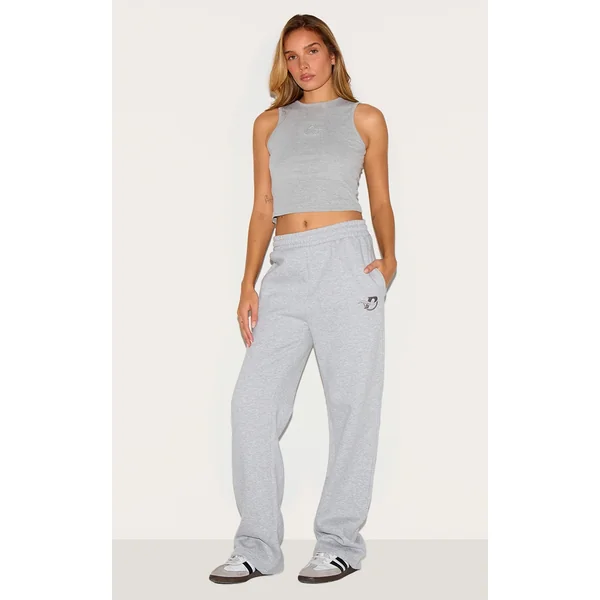 PRETTYLITTLETHING Ash Grey Logo Embroidered Wide Leg Sweatpants