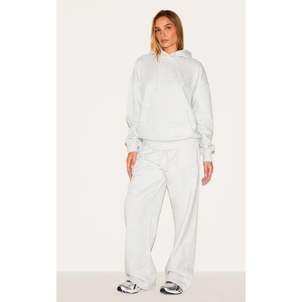 PRETTYLITTLETHING Ash Grey Premium Embossed Wide Leg Sweatpants