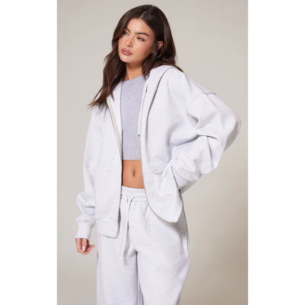 PRETTYLITTLETHING Ash Grey Premium Embroidered Zip Front Oversized Hoodie