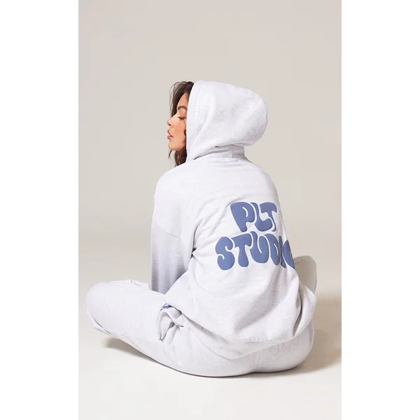 PRETTYLITTLETHING Ash Grey Premium Studio Print Oversized Hoodie