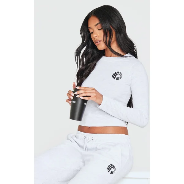 PRETTYLITTLETHING Ash Grey Printed Fitted Long Sleeve T Shirt