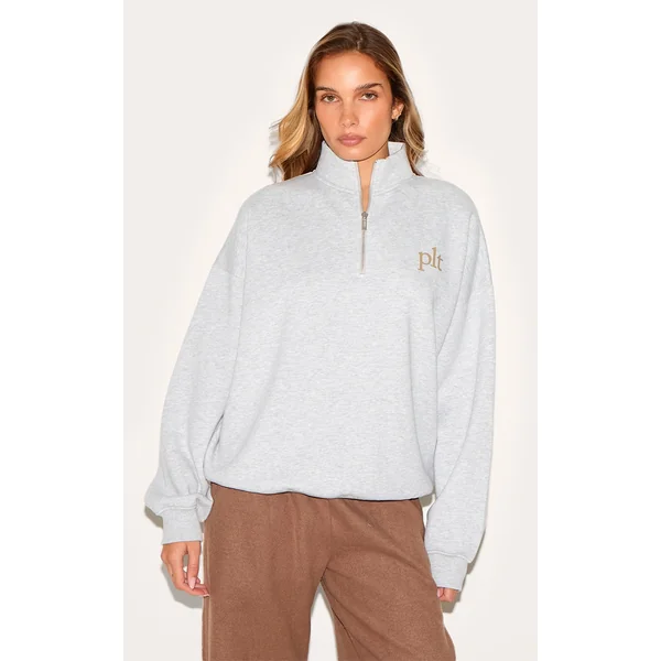 PRETTYLITTLETHING Ash Grey Printed Quarter Zip Sweatshirt