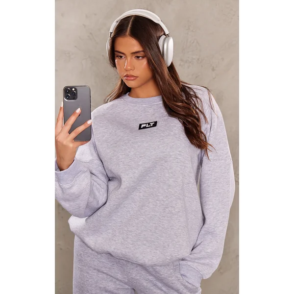 PRETTYLITTLETHING Ash Grey Rubber Badge Sweatshirt