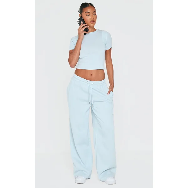 PRETTYLITTLETHING Baby Blue Wide Leg Embroidered Sweatpants