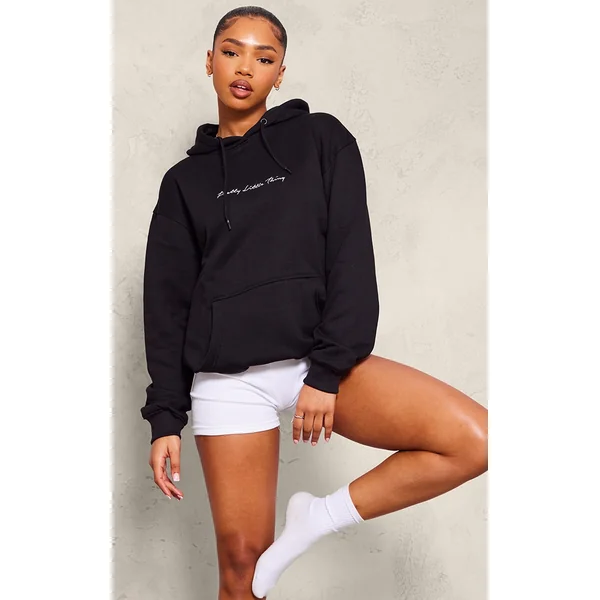 PRETTYLITTLETHING Black Embroidered Oversized Hoodie