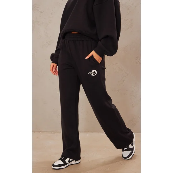 PRETTYLITTLETHING Black Logo Embroidered Wide Leg Sweatpants