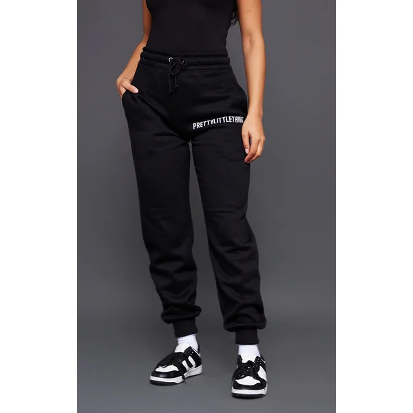 PRETTYLITTLETHING Black Logo High Waisted Cuffed Sweatpants
