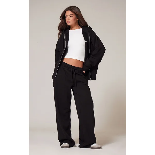 PRETTYLITTLETHING Black Premium Embroidered Oversized Wide Leg Sweatpants