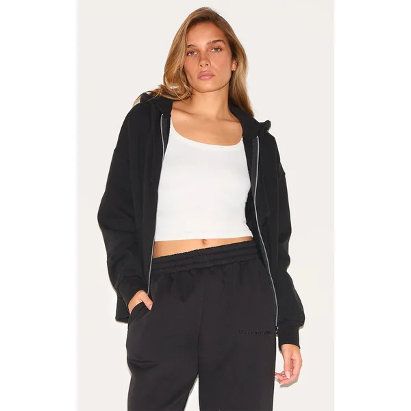 PRETTYLITTLETHING Black Premium Embroidered Zip Front Oversized Hoodie
