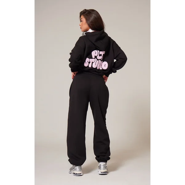 PRETTYLITTLETHING Black Premium Studio Print Oversized Hoodie