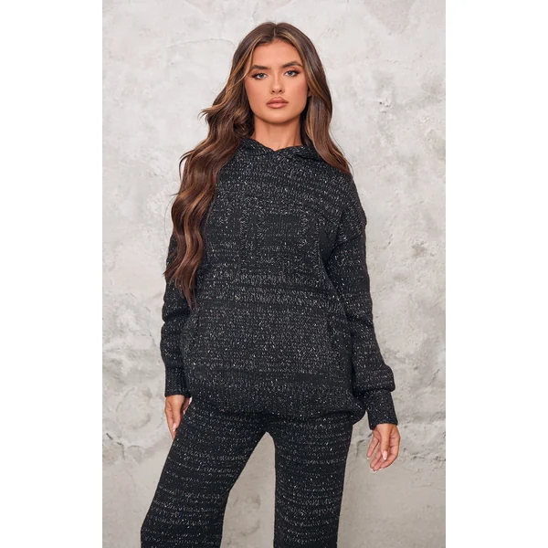 PRETTYLITTLETHING Black Space Dye Oversized Knitted Hoodie