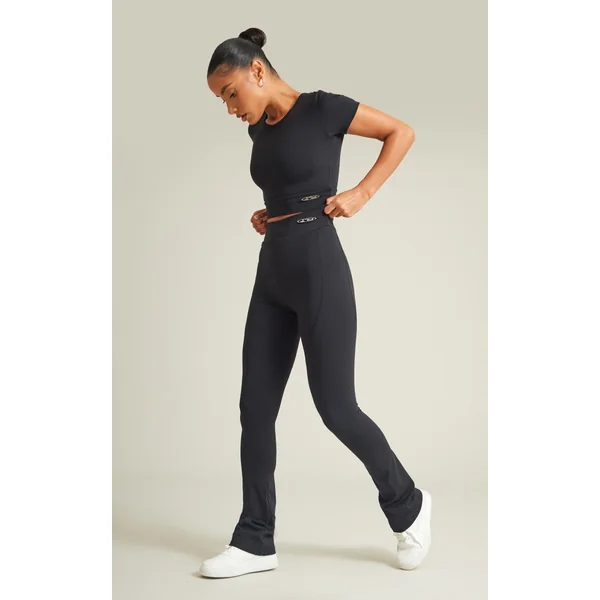 PRETTYLITTLETHING Black Sport Metal Badge Sculpt High Waist Flare Pants