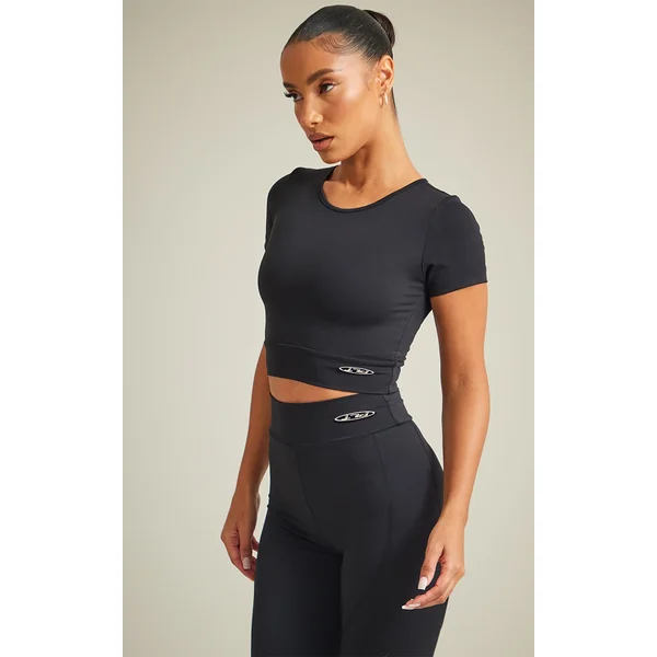 PRETTYLITTLETHING Black Sport Metal Badge Sculpt Short Sleeve Crop Top