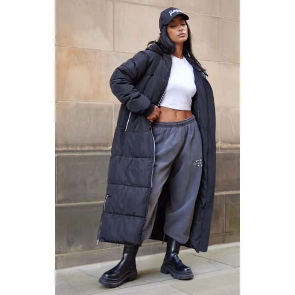 PRETTYLITTLETHING Black Text Front Maxi Puffer Coat