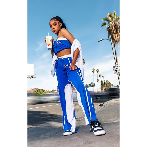 PRETTYLITTLETHING Bright Blue Tricot Panelled Wide Leg Sweatpants