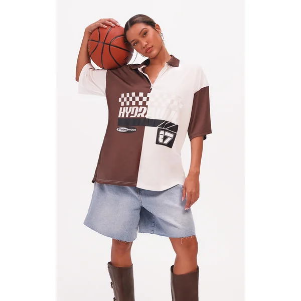 PRETTYLITTLETHING Brown Zip Up Short Sleeve Football Shirt
