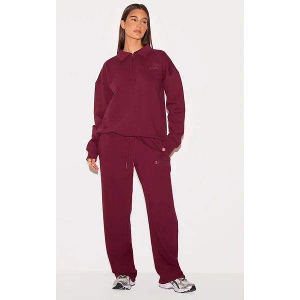 PRETTYLITTLETHING Burgundy Premium Studio Archives Straight Leg Sweatpants
