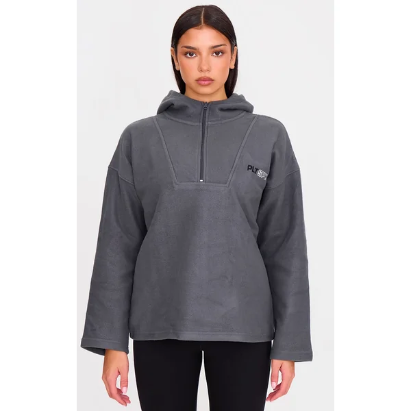 PRETTYLITTLETHING Charcoal Half Zip Hooded Fleece