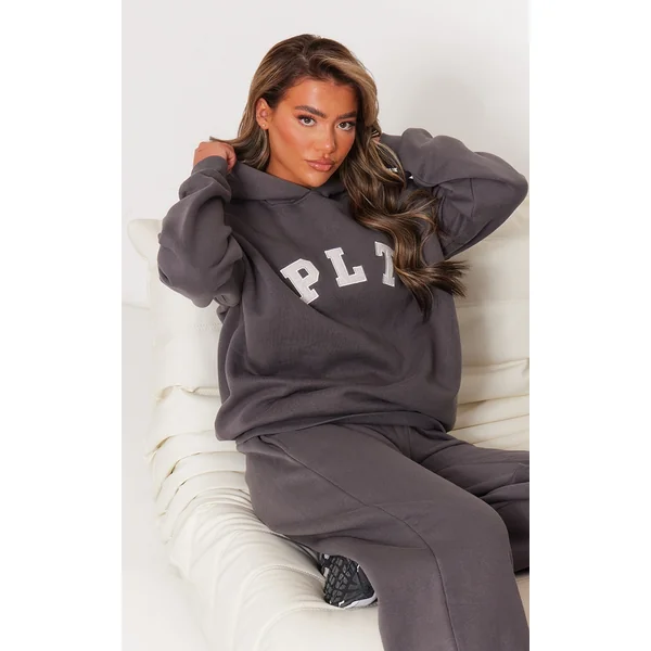 PRETTYLITTLETHING Charcoal Logo Oversized Hoodie