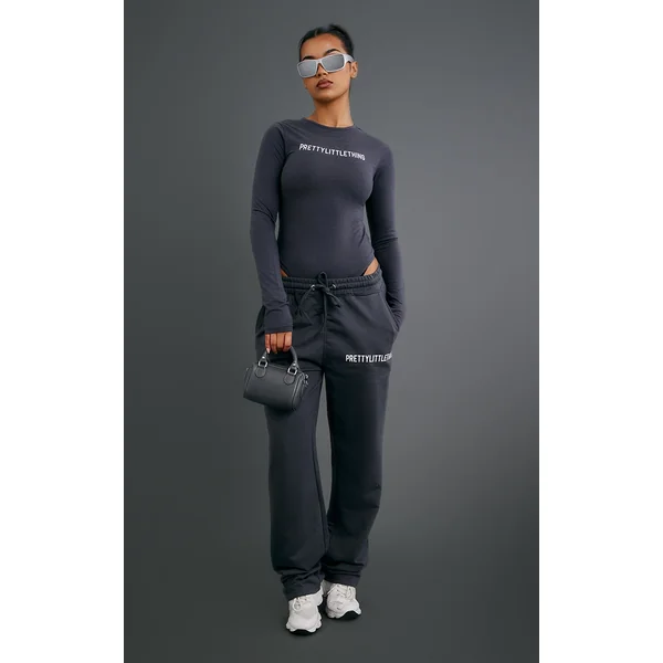PRETTYLITTLETHING Charcoal Logo Print Straight Leg Sweatpants