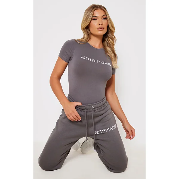 PRETTYLITTLETHING Charcoal Logo Short Sleeved Bodysuit