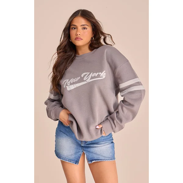 PRETTYLITTLETHING Charcoal New York Varsity Print Sweatshirt