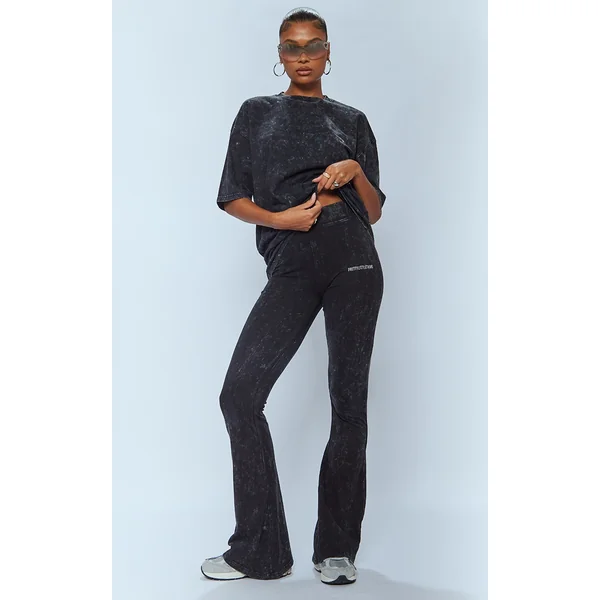 PRETTYLITTLETHING Charcoal Print Washed High Waist Flared Pants