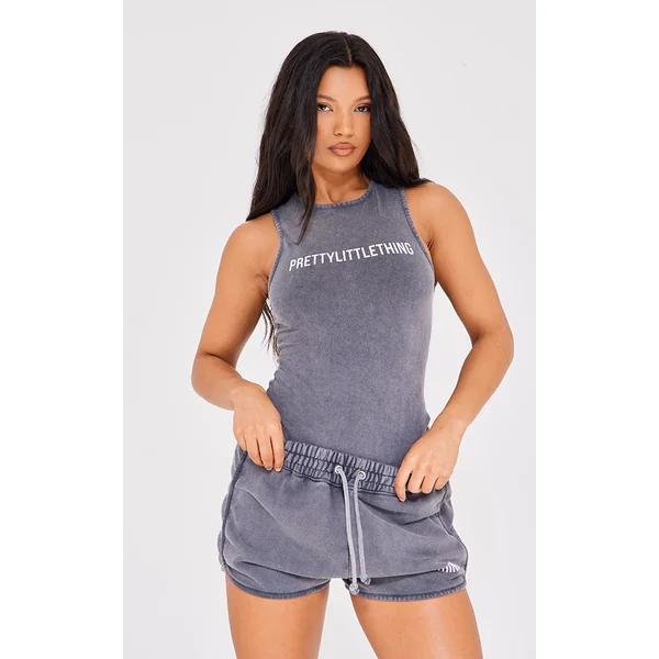 PRETTYLITTLETHING Charcoal Wash Racer Bodysuit