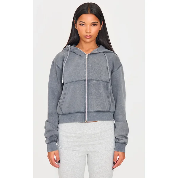 PRETTYLITTLETHING Charcoal Washed Embroidered Zip Up Hoodie