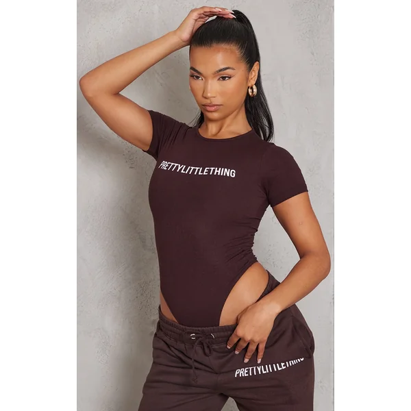 PRETTYLITTLETHING Chocolate Brown Logo Short Sleeved Bodysuit