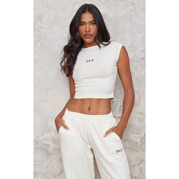 PRETTYLITTLETHING Cream Contrast Fitted Embroidery Cap Sleeve T Shirt