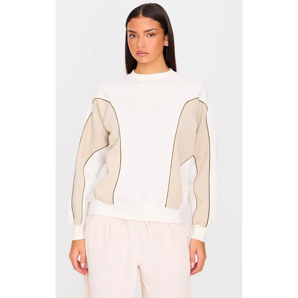 PRETTYLITTLETHING Cream Embroidered Contrast Binding Sweatshirt