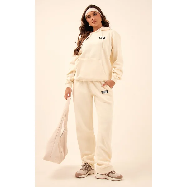 PRETTYLITTLETHING Cream Logo Badge Detail Straight Leg Sweatpants