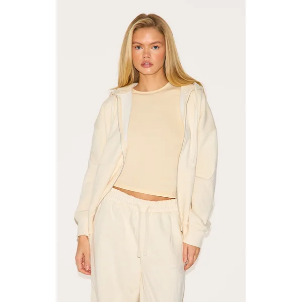 PRETTYLITTLETHING Cream Premium Embroidered Zip Front Oversized Hoodie