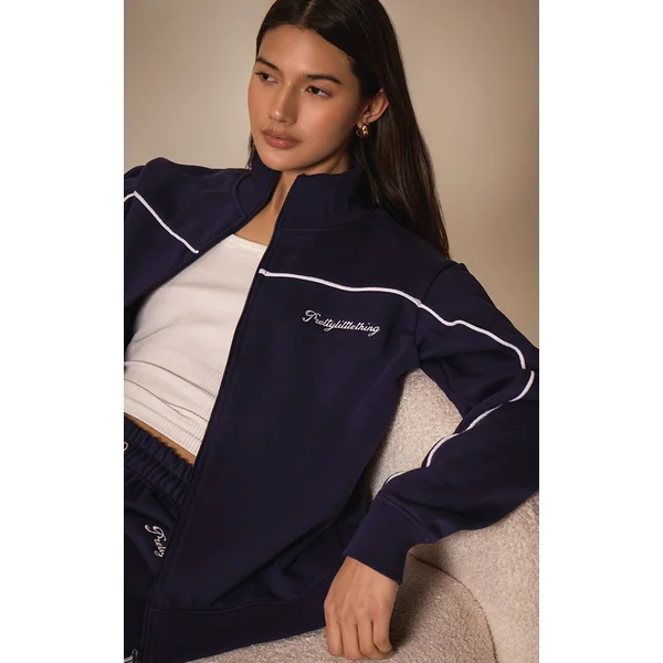 PRETTYLITTLETHING Dark Blue Contrast Piping Detail Zip Through Track Top
