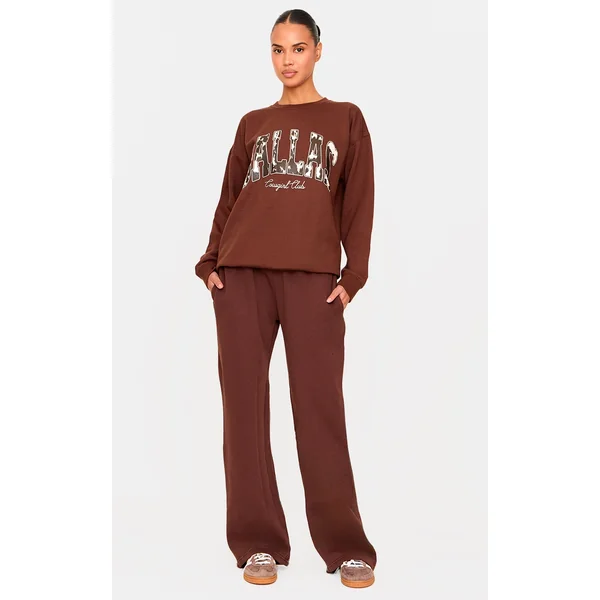PRETTYLITTLETHING Dark Chocolate Embroidered Graphic Wide Leg Sweatpants