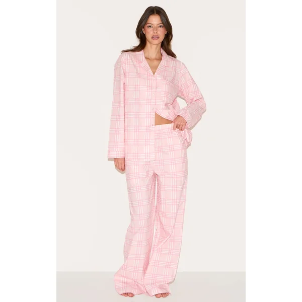 PRETTYLITTLETHING Embroidered Pink Check Long Pj Set