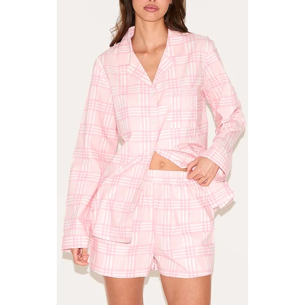 PRETTYLITTLETHING Embroidered Pink Check Short Pj Set