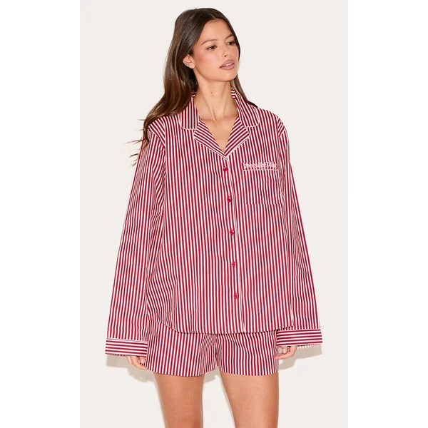 PRETTYLITTLETHING Embroidered Red Stripe Woven Short Pj Set