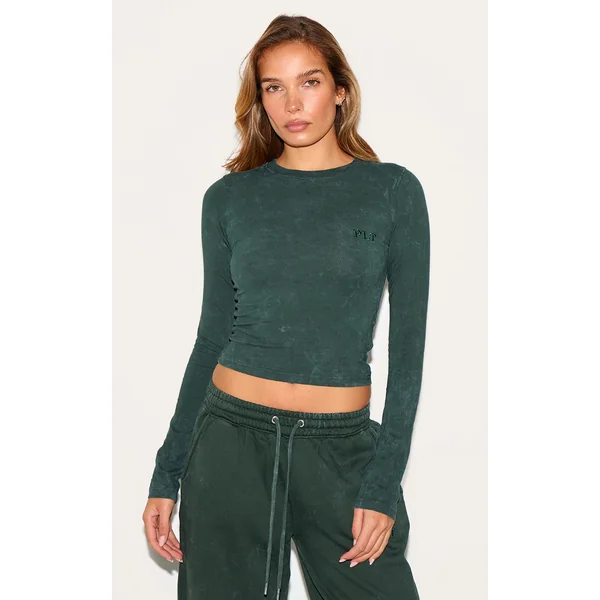 PRETTYLITTLETHING Forest Green Washed Longline Cotton Long Sleeve Fitted T-shirt