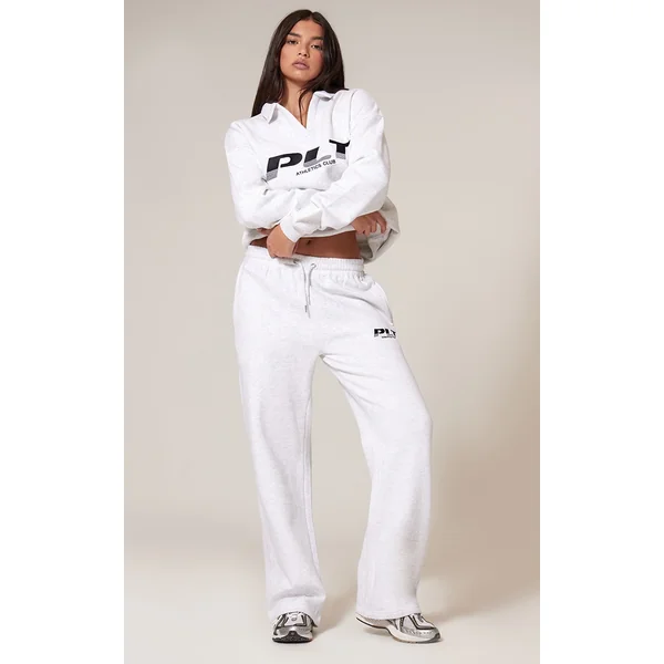 PRETTYLITTLETHING Grey Marl Athletics Club Embroidered Wide Leg Sweatpants