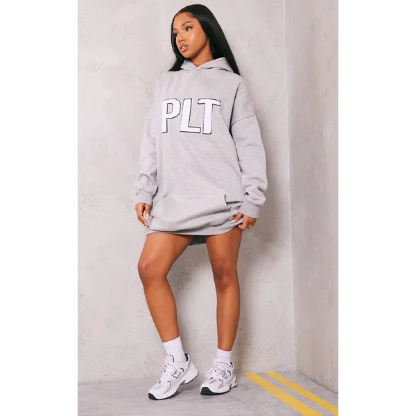 PRETTYLITTLETHING Grey Marl Borg Graphic Sweater Dress